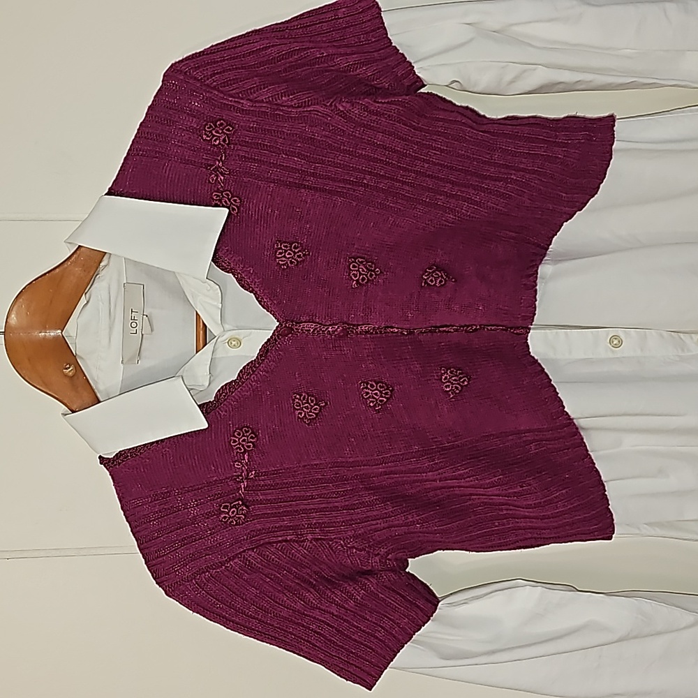 R&K Original Cropped Sweater Cardigan Womens P8 Cable Crochet Fuschia 90s EUC